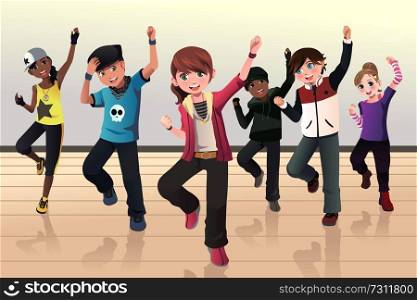 A vector illustration of kids in hip hop dance class