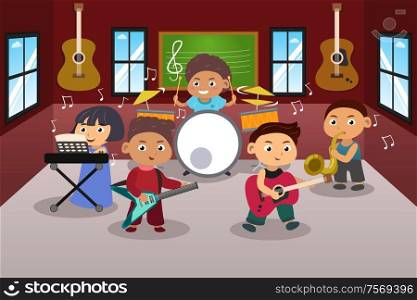 A vector illustration of kids in music band
