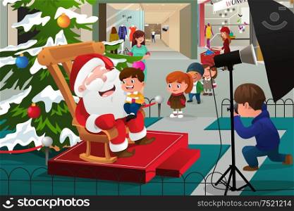 A vector illustration of kids lining up in the mall waiting to take pictures with Santa Claus