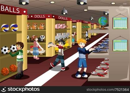 A vector illustration of kids looking at toys in a toy store