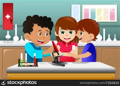 A vector illustration of kids making science experiment in a lab