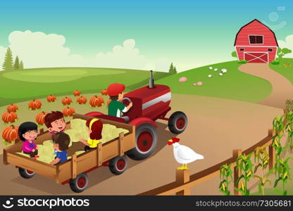 A vector illustration of kids on a hayride in a farm during Fall season