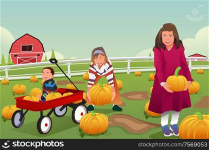 A vector illustration of kids on a pumpkin patch trip in autumn or fall season