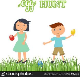 A vector illustration of kids on Easter egg hunt. Cute boy and girl with eggs in their hands.. A vector illustration of kids on Easter egg hunt. Cute boy and girl with eggs in their hands