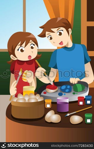 A vector illustration of kids painting Easter eggs at home