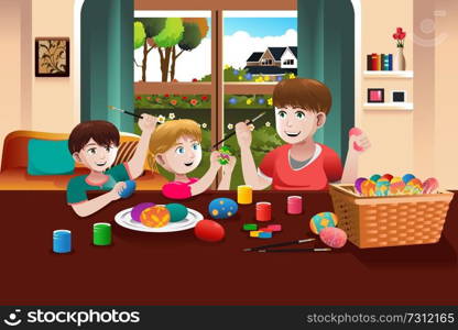 A vector illustration of kids painting Easter eggs at home