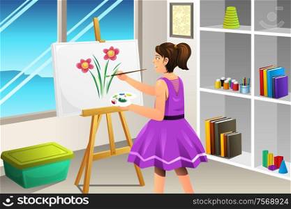 A vector illustration of kids painting on a canvas