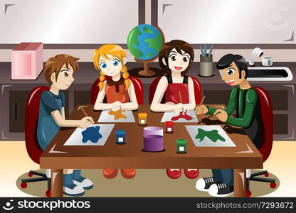 A vector illustration of kids painting together in an art class