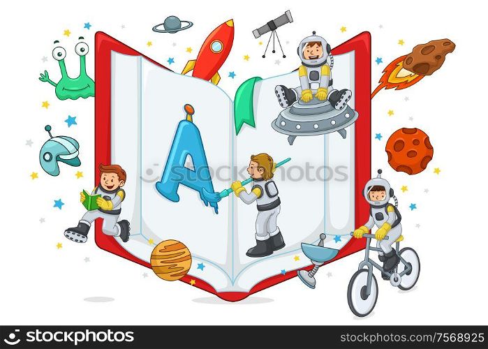 A vector illustration of kids playing and reading with open book
