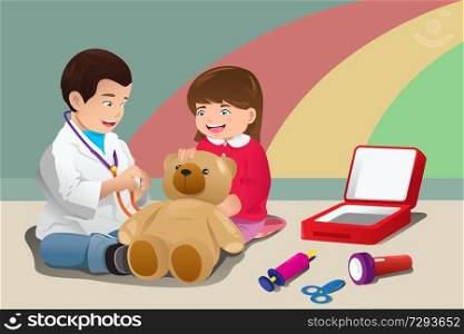 A vector illustration of kids playing doctor together