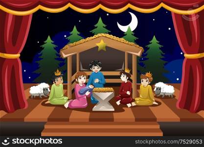 A vector illustration of kids playing in Christmas drama