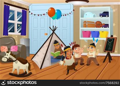 A vector illustration of kids playing native American in the bedroom
