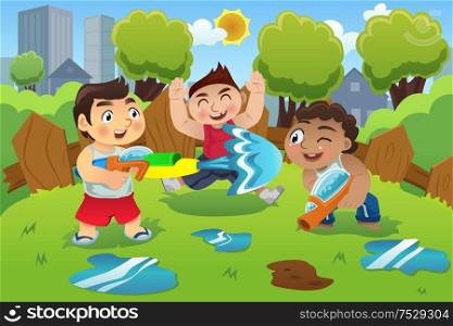 A vector illustration of kids playing water gun in the summer