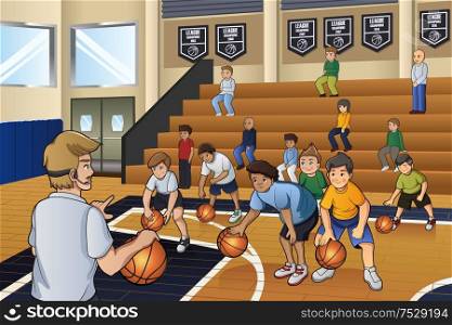 A vector illustration of kids practicing basketball indoor