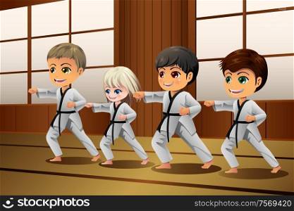 A vector illustration of Kids Practicing Martial Arts in the Dojo