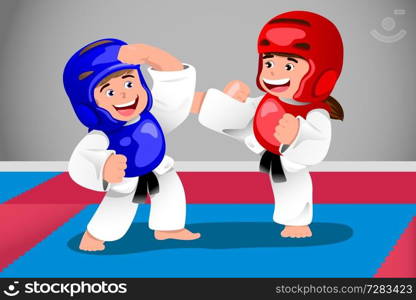 A vector illustration of kids practicing taekwondo in a dojo