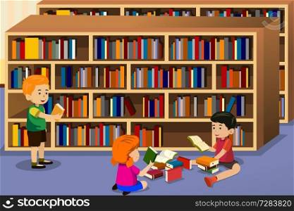 A vector illustration of kids reading a book in the library