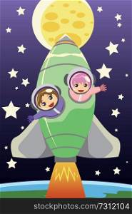 A vector illustration of kids riding on a rocket going to the moon