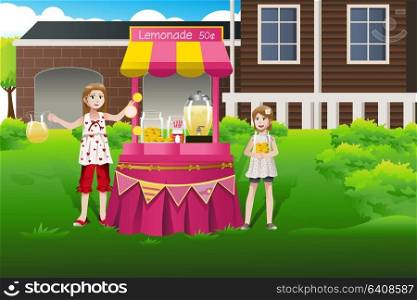 A vector illustration of kids selling lemonade in a lemonade stand