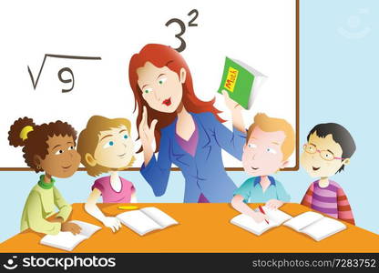 A vector illustration of kids studying math in classroom with teacher