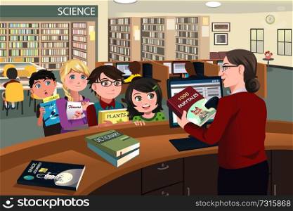 A vector illustration of kids waiting in line checking out books from the library
