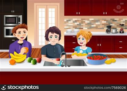 A vector illustration of kids washing fruits in the kitchen