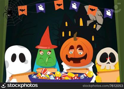 A vector illustration of Kids Wearing Halloween Costumes Doing Trick or Treat
