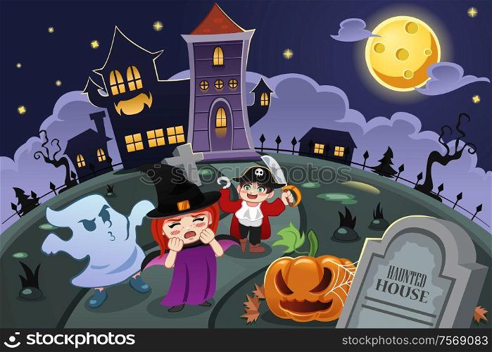 A vector illustration of kids wearing Halloween costumes in front of haunted house