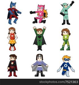 A vector illustration of kids wearing superheroes costume