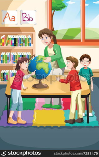 A vector illustration of kindergarten teacher and students looking at a globe in the classroom