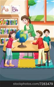 A vector illustration of kindergarten teacher and students looking at a globe in the classroom