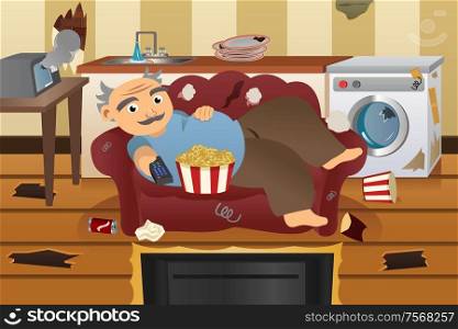 A vector illustration of lazy and sloppy man watching television on a sofa surrounded with trash