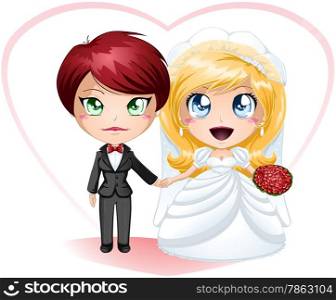 A vector illustration of lesbians dressed in dress and suit for their wedding day.