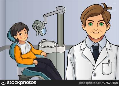 A vector illustration of little boy in the dentist office