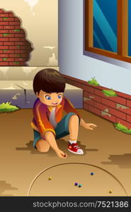 A vector illustration of little boy playing marbles outdoor