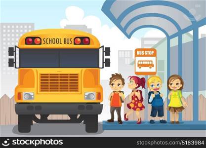 A vector illustration of little children waiting at a bus stop