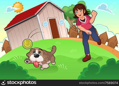 A vector illustration of little girl playing with her dog in the park