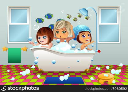 A vector illustration of Little Girls Having a Bubble Bath