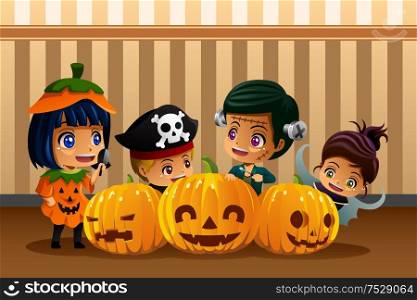 A vector illustration of little kids wearing Halloween costumes
