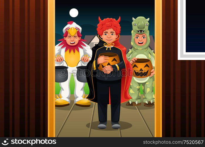 A vector illustration of little kids wearing Halloween costumes going out for trick or treat