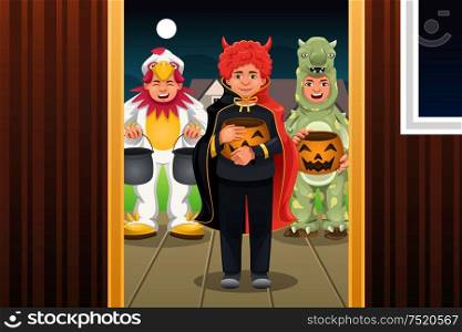 A vector illustration of little kids wearing Halloween costumes going out for trick or treat