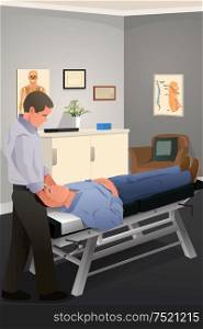 A vector illustration of male chiropractor treating a patient