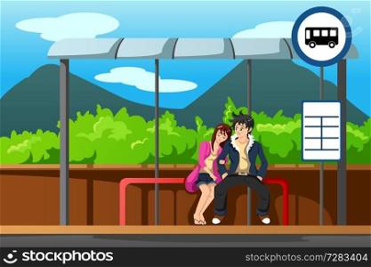 A vector illustration of man and woman waiting at bus stop
