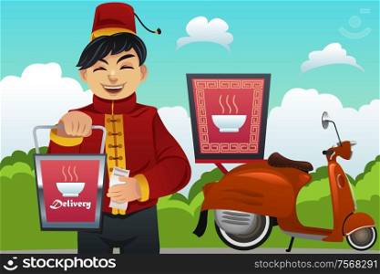 A vector illustration of man delivering Chinese food