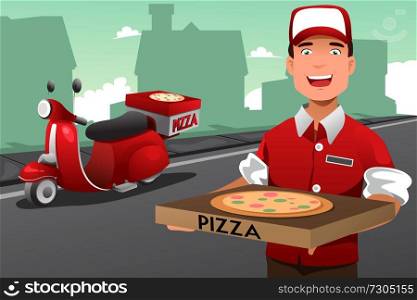 A vector illustration of man delivering pizza