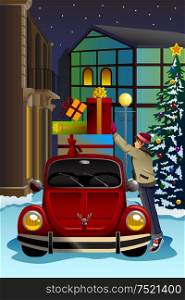 A vector illustration of man driving car with a lot of Christmas presents on the top of the car