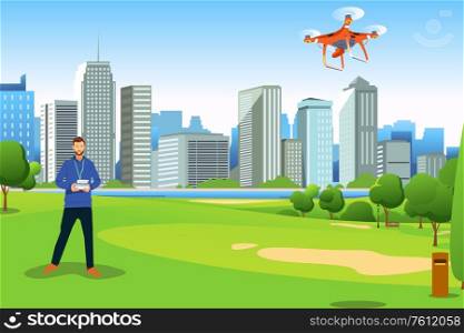 A vector illustration of Man Flying Drone in a Park