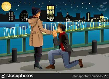 A vector illustration of man proposing to his lover in the city