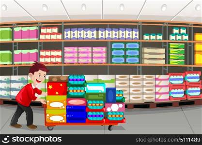 A vector illustration of man shopping in a big box store