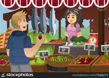A vector illustration of man shopping in an outdoor farmers market